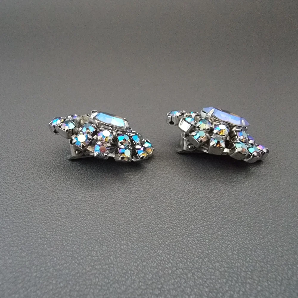 Vintage Aurora Borealis Rhinestone Earrings | Mid-Century Iridescent Crystal